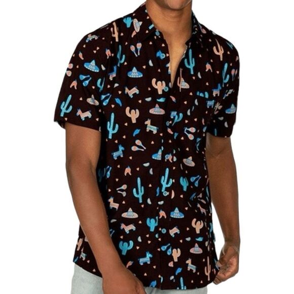 tipsyelves Midnight Fiesta Hawaiin Shirt Cactus Sombrero Piñata Print - Picture 2 of 7
